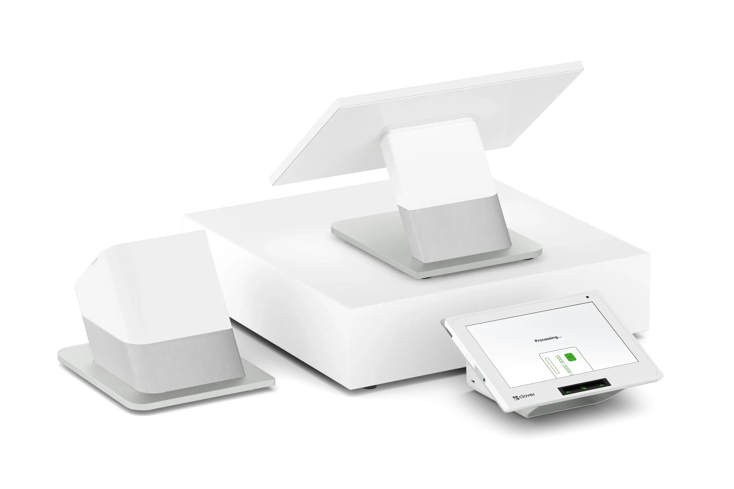 Clover Station Duo with merchant display, customer payment screen, and receipt printer