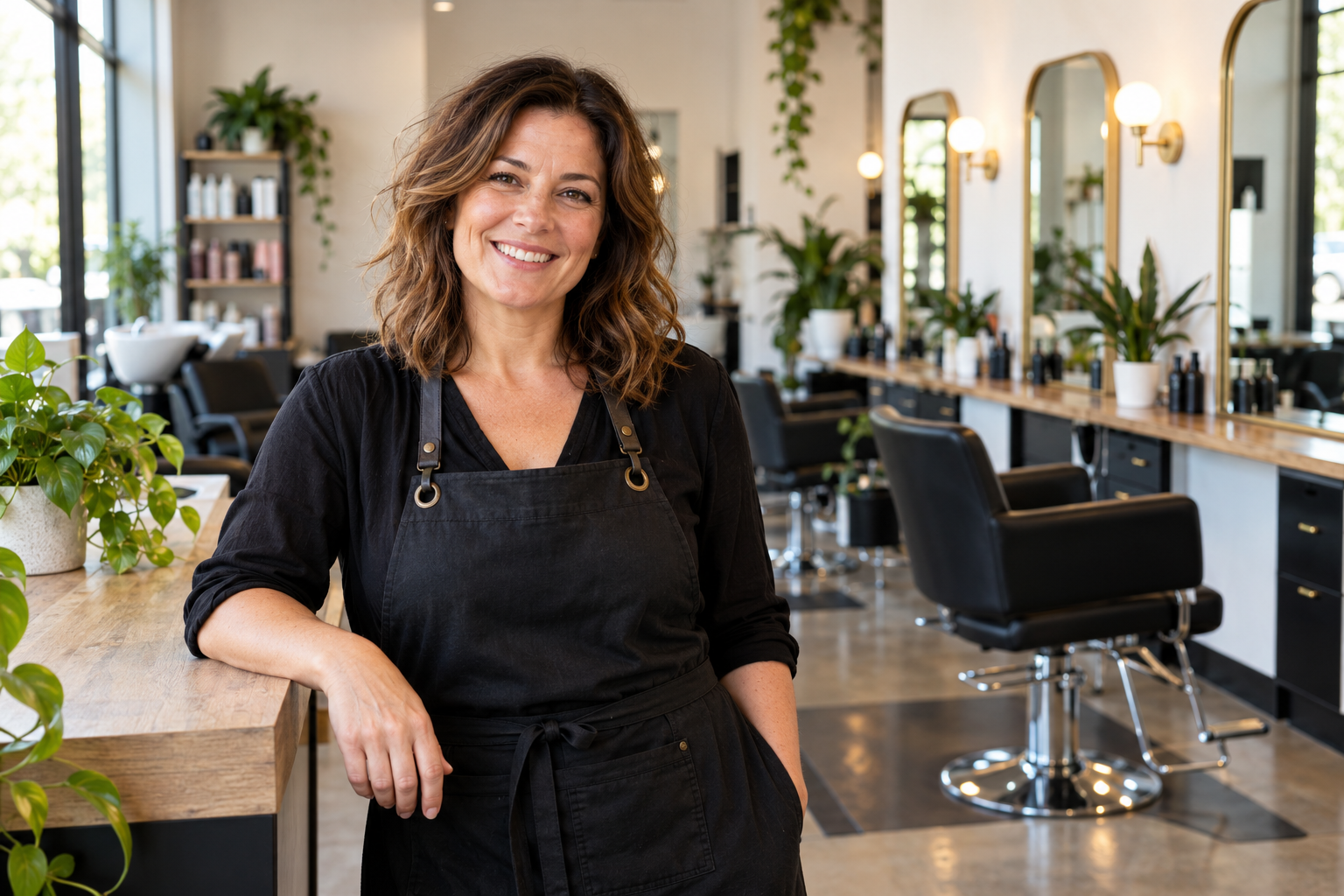 Illustrative happy salon owner in her salon