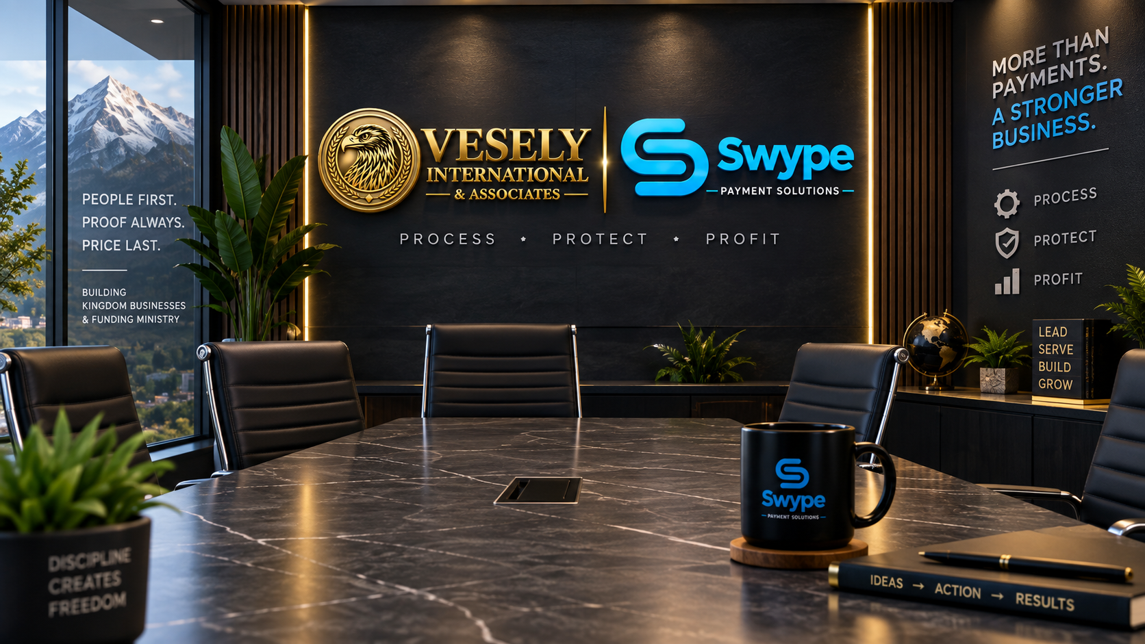 Vesely International and Swype branded boardroom illustration with Process, Protect, Profit messaging